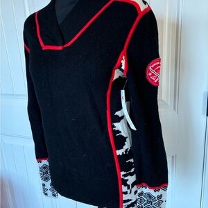 Krimson Klover Black Sweater with Red Ski Patch and matching ski pant set
